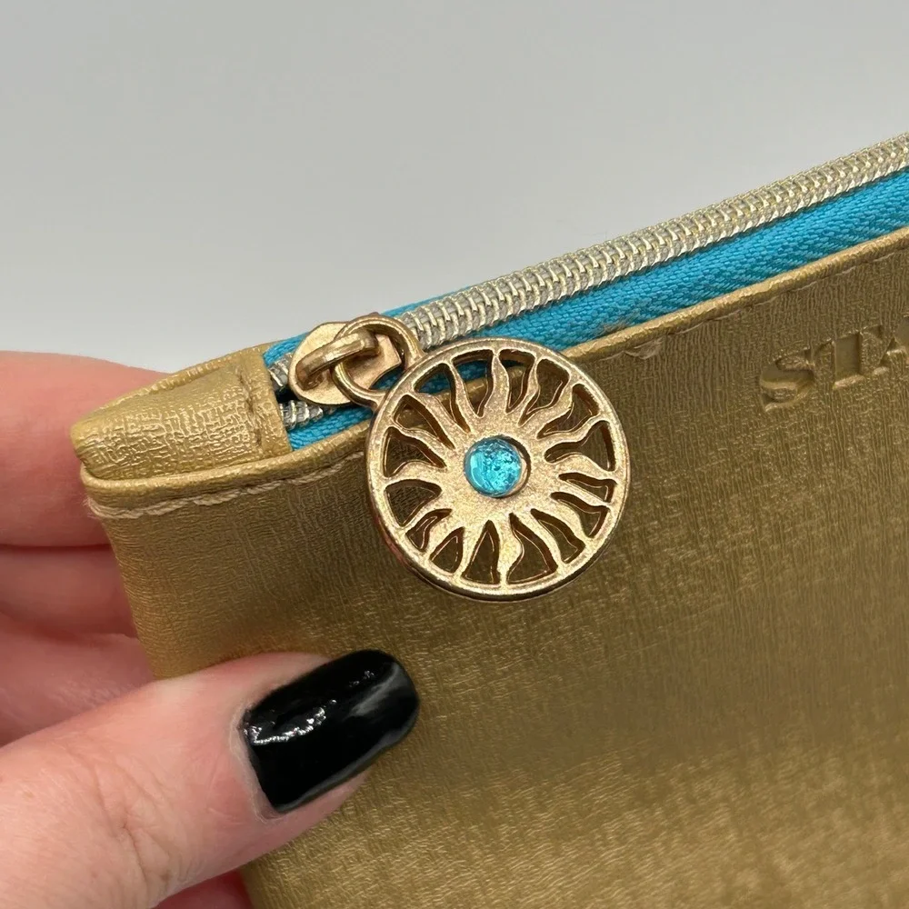 IPSY Stay Golden Cosmetic Makeup Pouch Gold Turquoise Sun Zipper Charm Travel